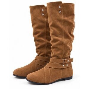 Tan Faux Suede Knee High Boots Size 37 / US 6.5–7 Slouchy Studded Flat Boots